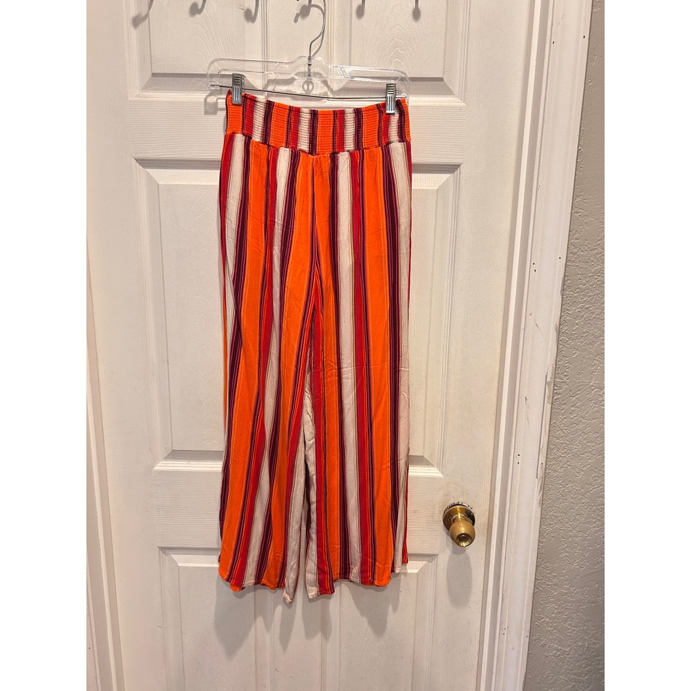 ILLA ILLA Womens Orange Striped Smocked High Waist Wide Leg Palazzo Pants L